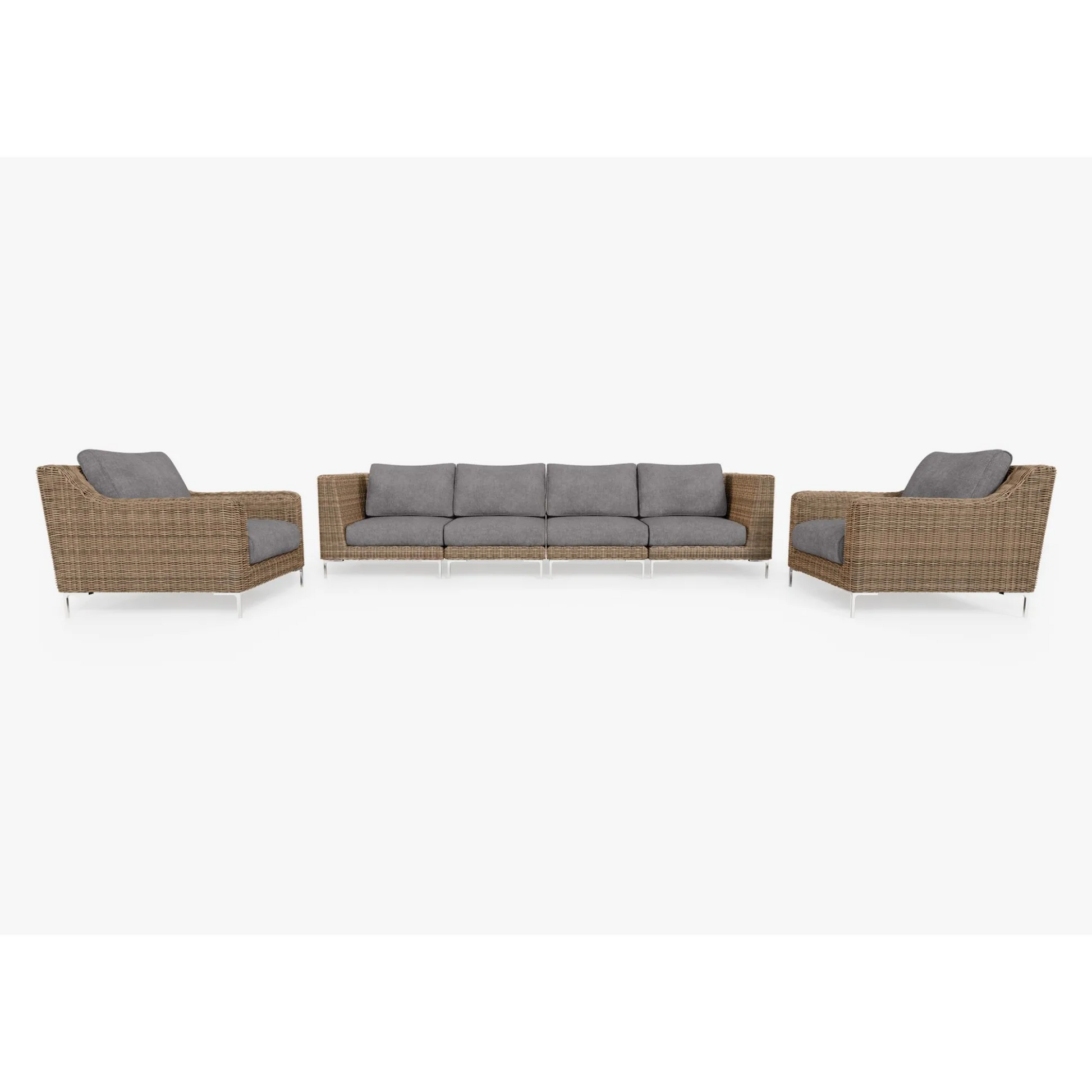 Live Outer 132" Brown Wicker Outdoor Sofa With Armchairs & Dark Pebble Gray Cushion (6-Seat)