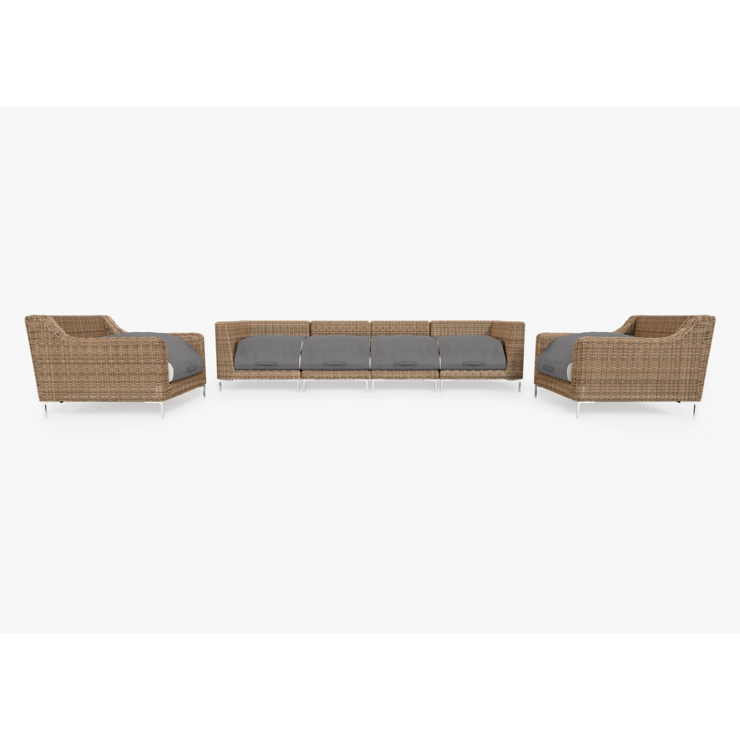Live Outer 132" Brown Wicker Outdoor Sofa With Armchairs & Palisades Cream Cushion (6-Seat)
