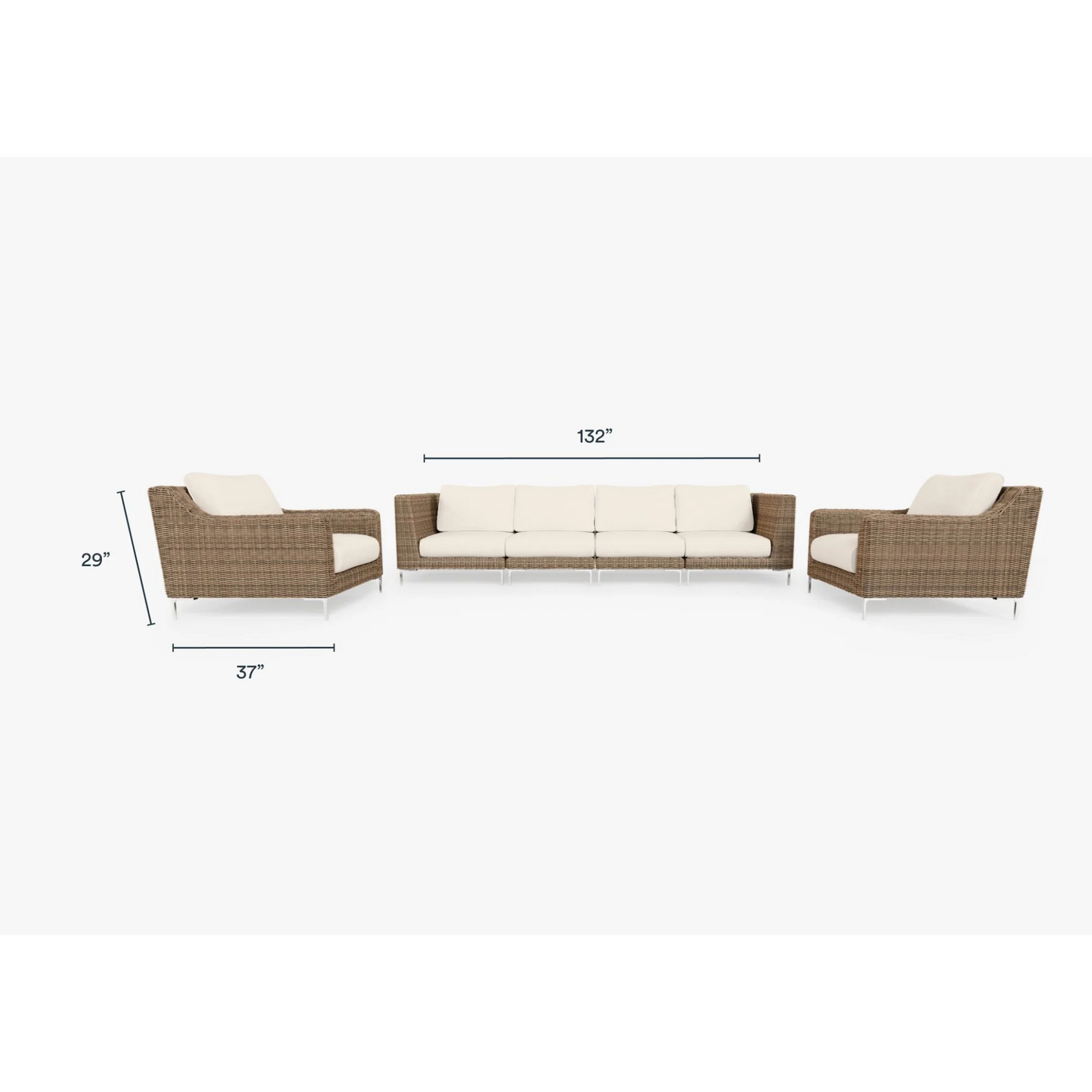 Live Outer 132" Brown Wicker Outdoor Sofa With Armchairs & Palisades Cream Cushion (6-Seat)