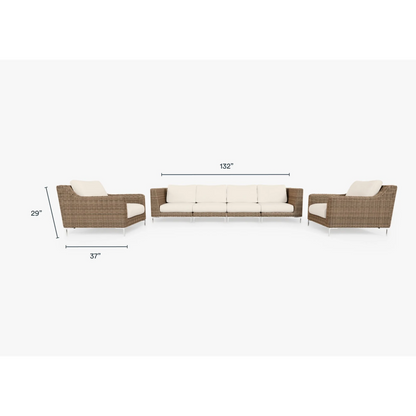 Live Outer 132" Brown Wicker Outdoor Sofa With Armchairs & Palisades Cream Cushion (6-Seat)