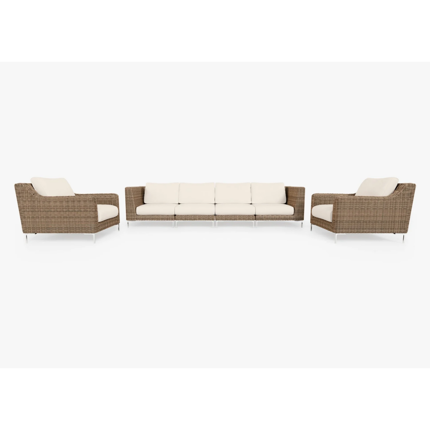 Live Outer 132" Brown Wicker Outdoor Sofa With Armchairs & Palisades Cream Cushion (6-Seat)