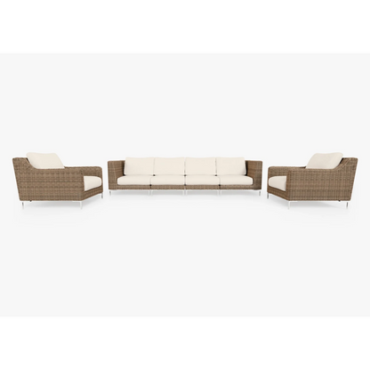 Live Outer 132" Brown Wicker Outdoor Sofa With Armchairs & Palisades Cream Cushion (6-Seat)