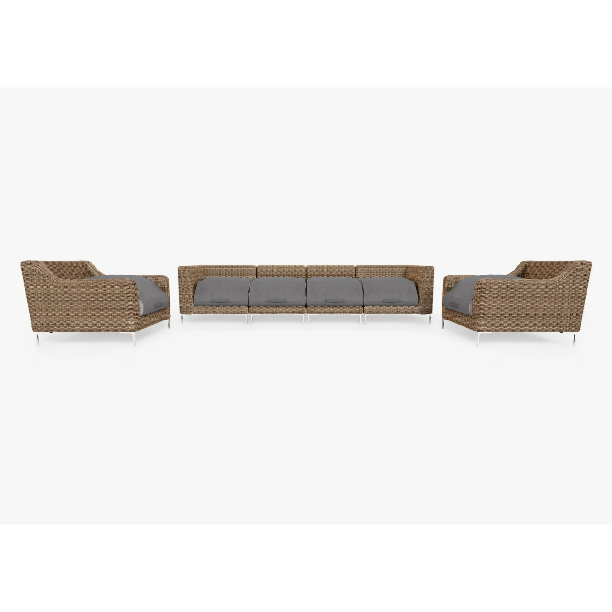 Live Outer 132" Brown Wicker Outdoor Sofa With Armchairs & Sandstone Gray Cushion (6-Seat)