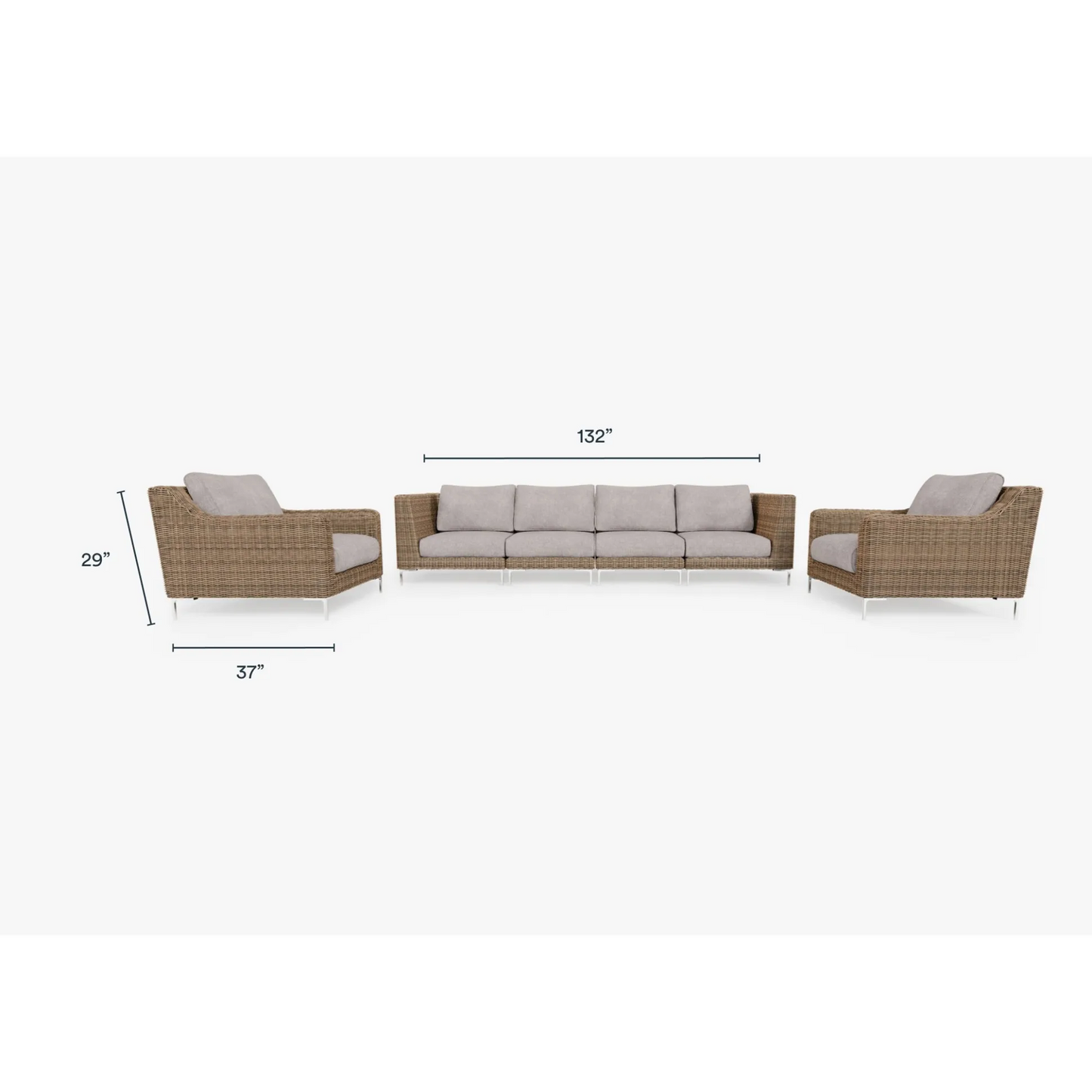 Live Outer 132" Brown Wicker Outdoor Sofa With Armchairs & Sandstone Gray Cushion (6-Seat)
