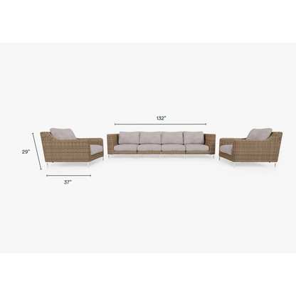Live Outer 132" Brown Wicker Outdoor Sofa With Armchairs & Sandstone Gray Cushion (6-Seat)