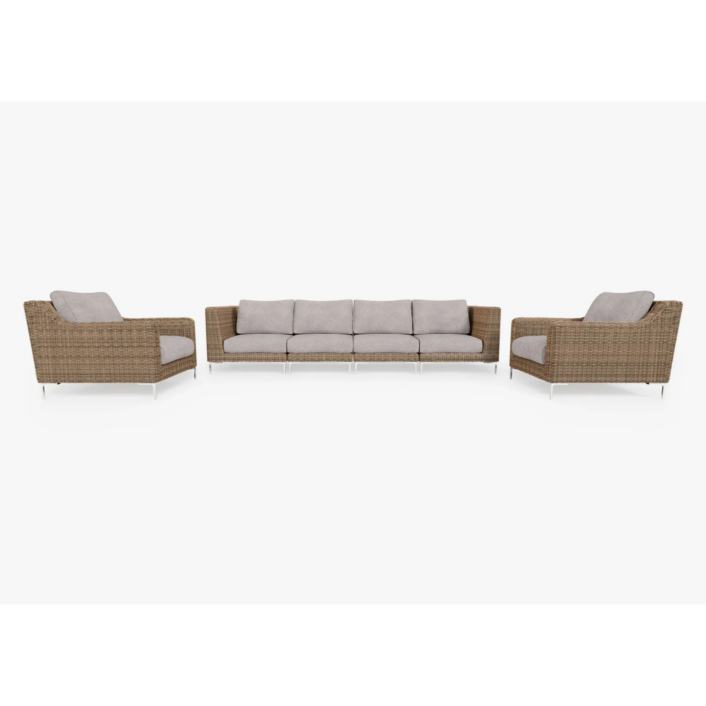 Live Outer 132" Brown Wicker Outdoor Sofa With Armchairs & Sandstone Gray Cushion (6-Seat)