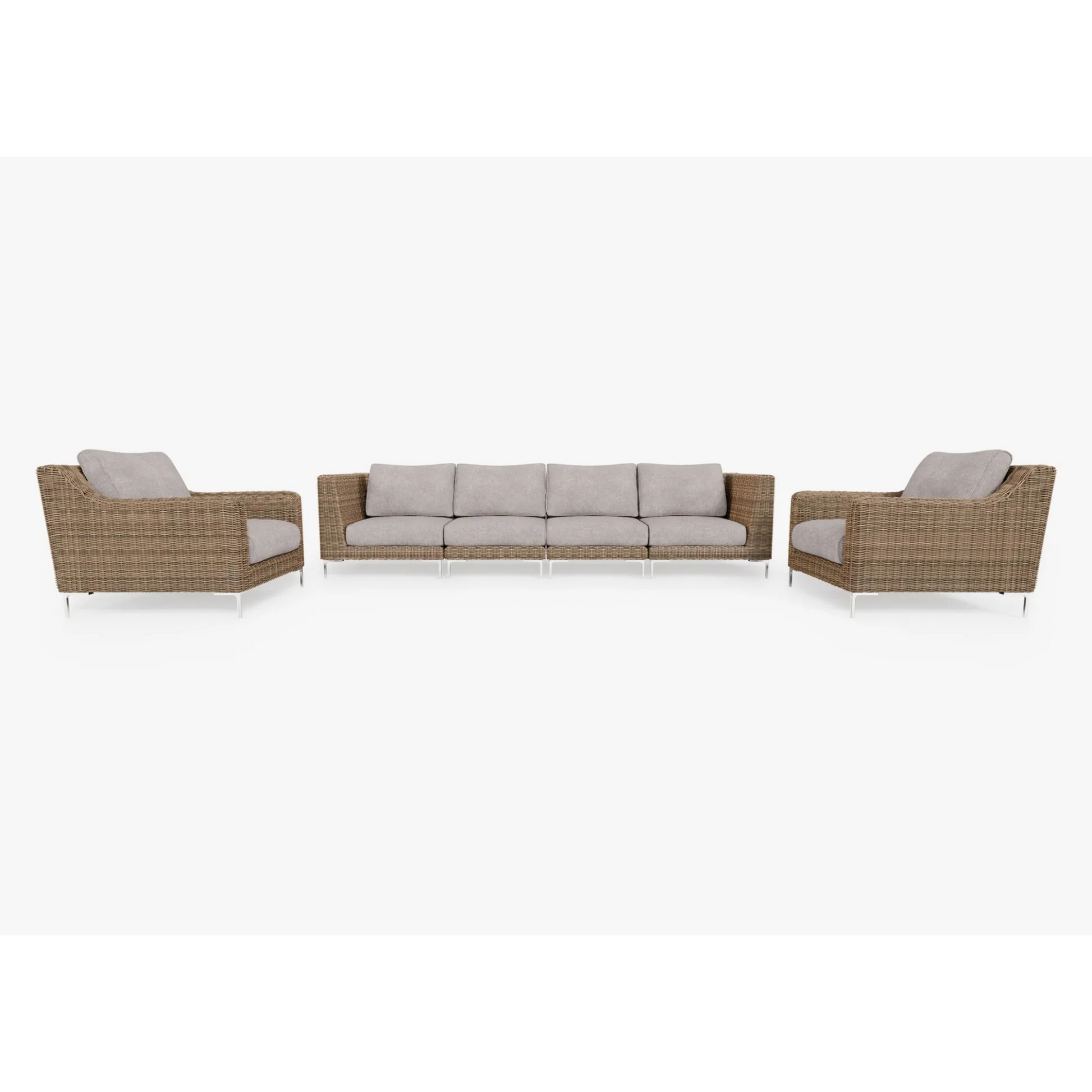 Live Outer 132" Brown Wicker Outdoor Sofa With Armchairs & Sandstone Gray Cushion (6-Seat)