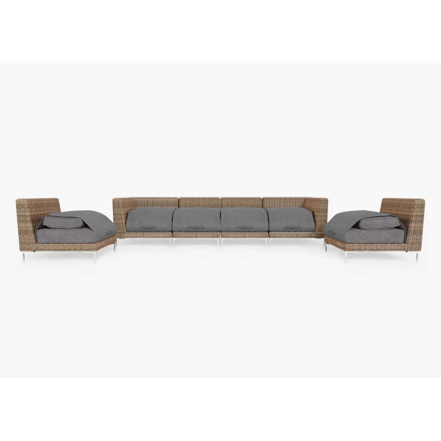 Live Outer 132" Brown Wicker Outdoor Sofa With Armless Chairs & Dark Pebble Gray Cushion (6-Seat)
