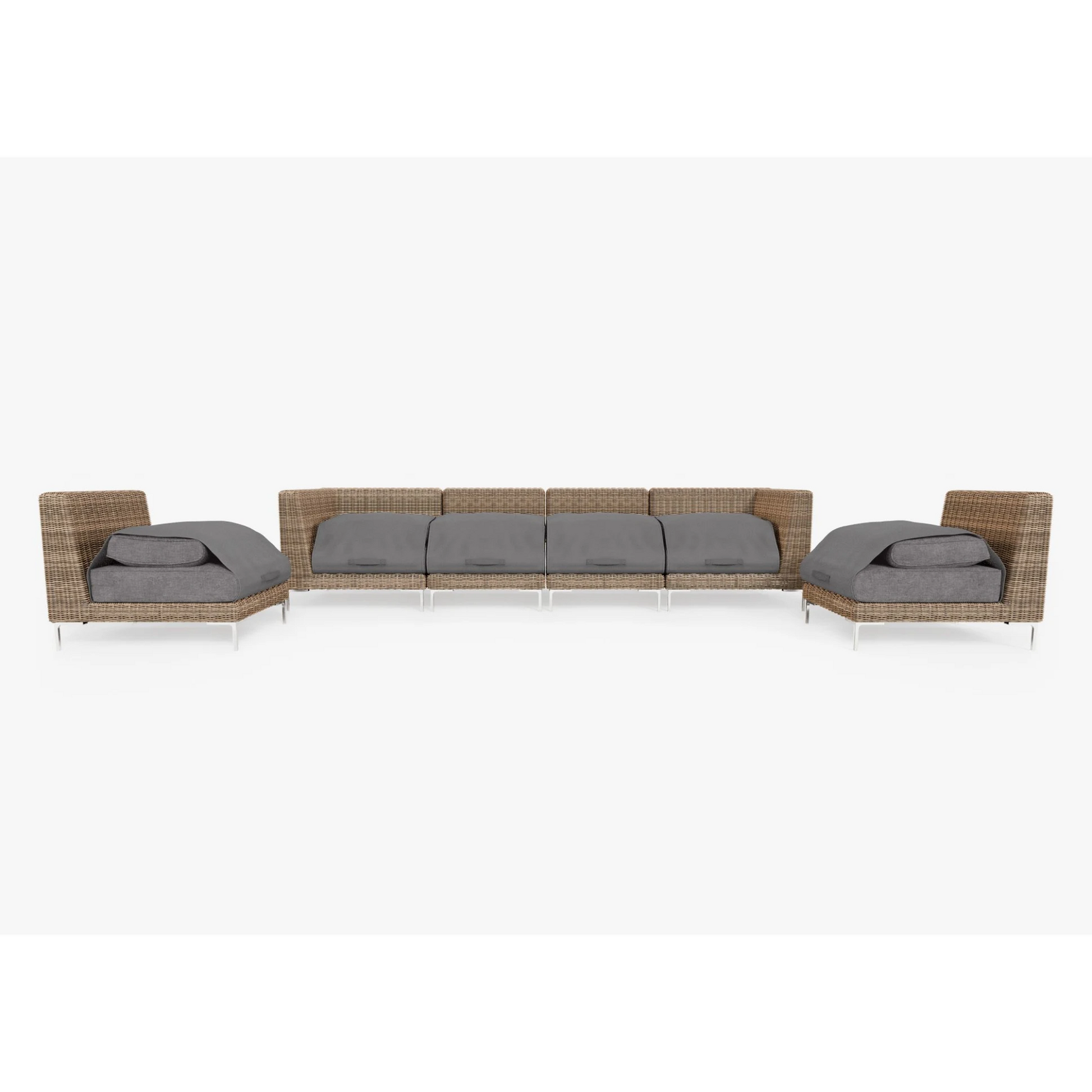 Live Outer 132" Brown Wicker Outdoor Sofa With Armless Chairs & Dark Pebble Gray Cushion (6-Seat)