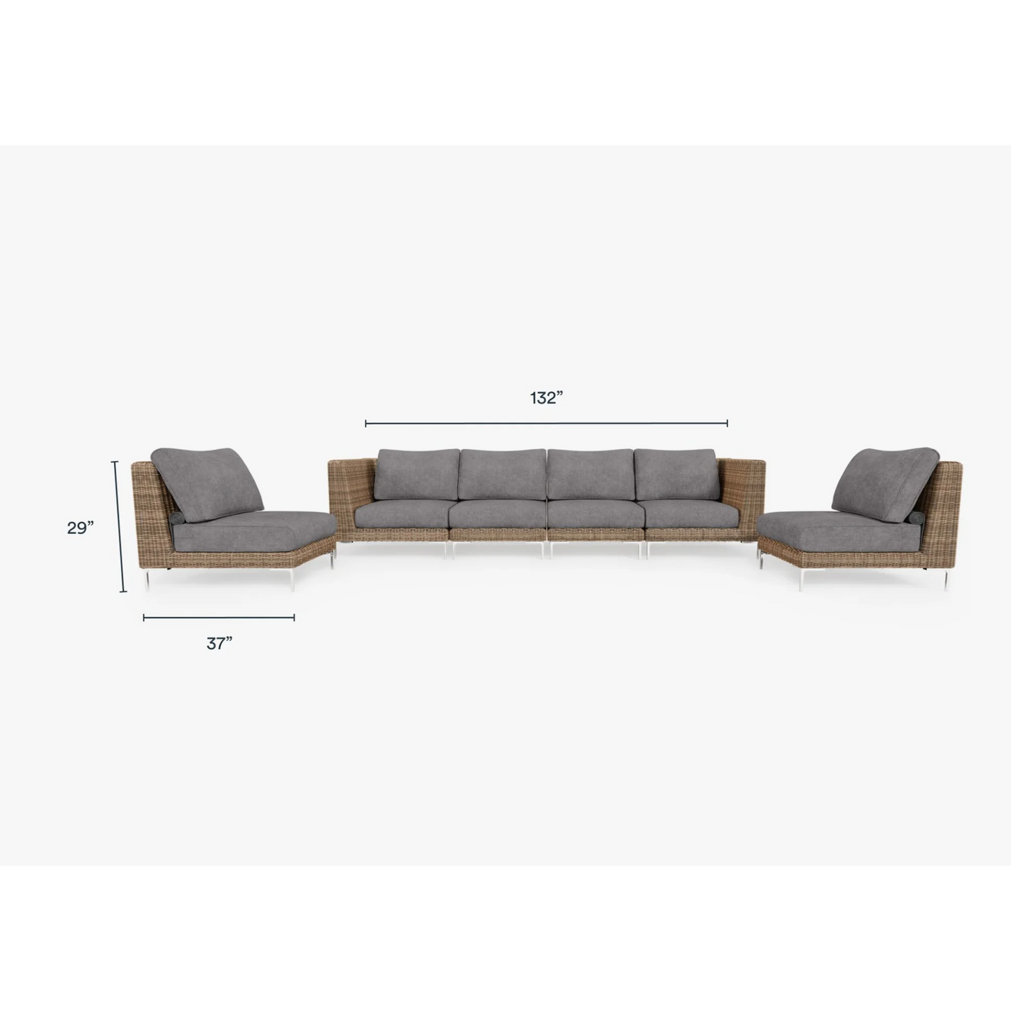 Live Outer 132" Brown Wicker Outdoor Sofa With Armless Chairs & Dark Pebble Gray Cushion (6-Seat)