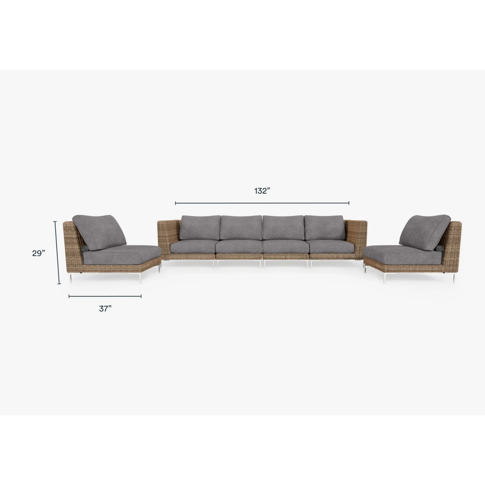 Live Outer 132" Brown Wicker Outdoor Sofa With Armless Chairs & Dark Pebble Gray Cushion (6-Seat)