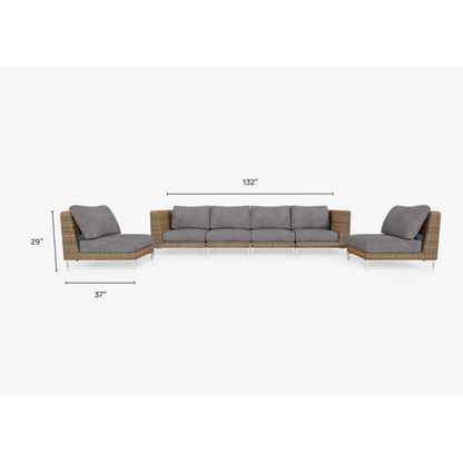 Live Outer 132" Brown Wicker Outdoor Sofa With Armless Chairs & Dark Pebble Gray Cushion (6-Seat)