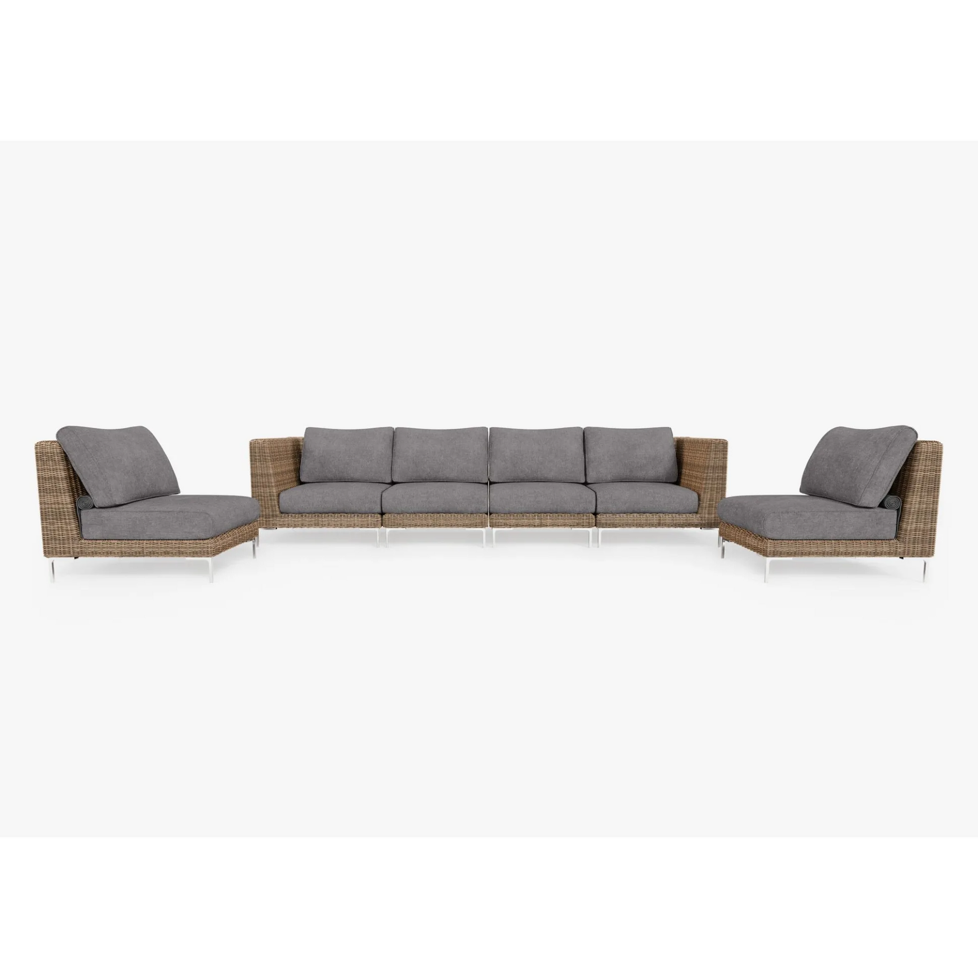 Live Outer 132" Brown Wicker Outdoor Sofa With Armless Chairs & Dark Pebble Gray Cushion (6-Seat)