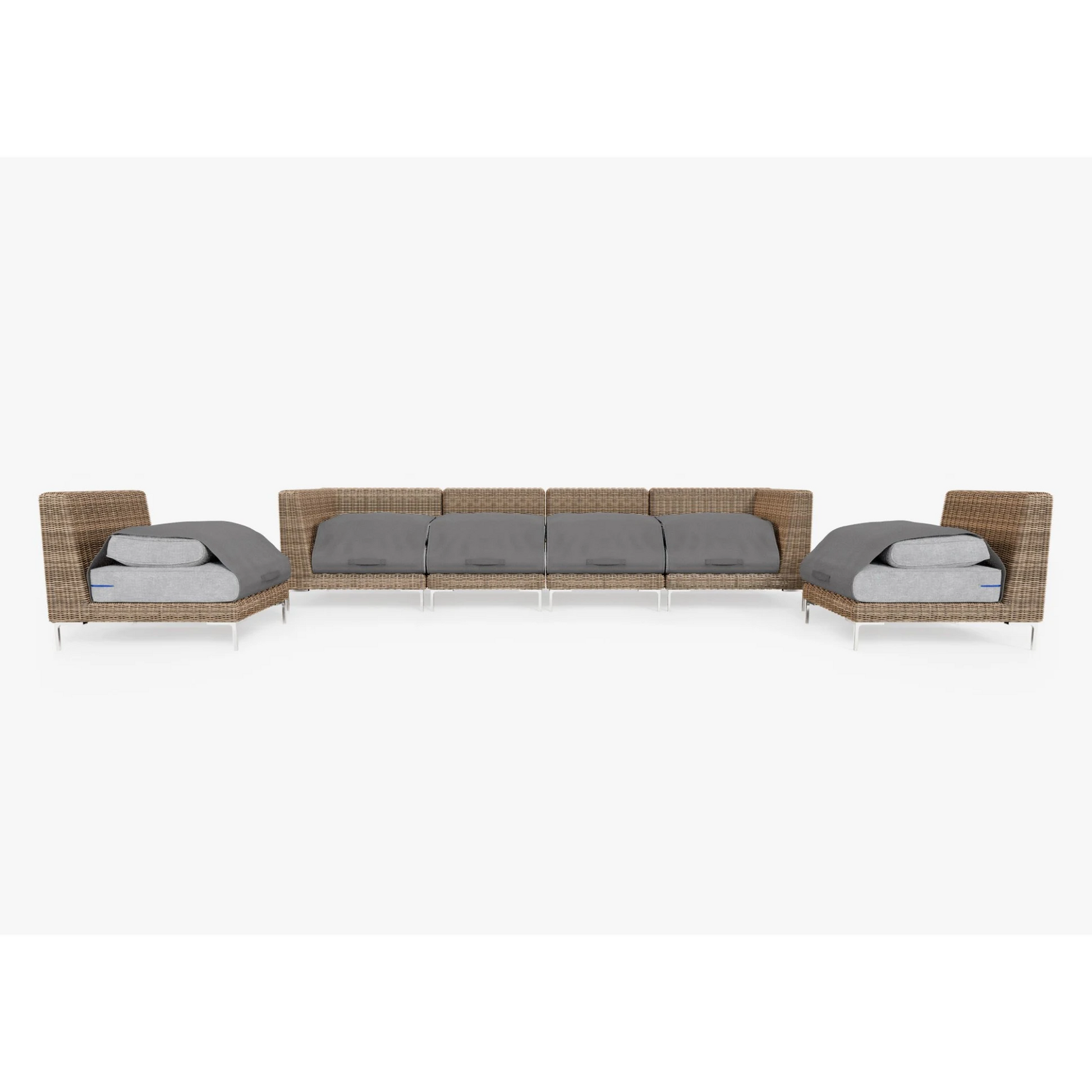 Live Outer 132" Brown Wicker Outdoor Sofa With Armless Chairs & Pacific Fog Gray Cushion (6-Seat)
