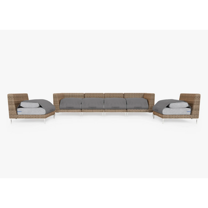 Live Outer 132" Brown Wicker Outdoor Sofa With Armless Chairs & Pacific Fog Gray Cushion (6-Seat)