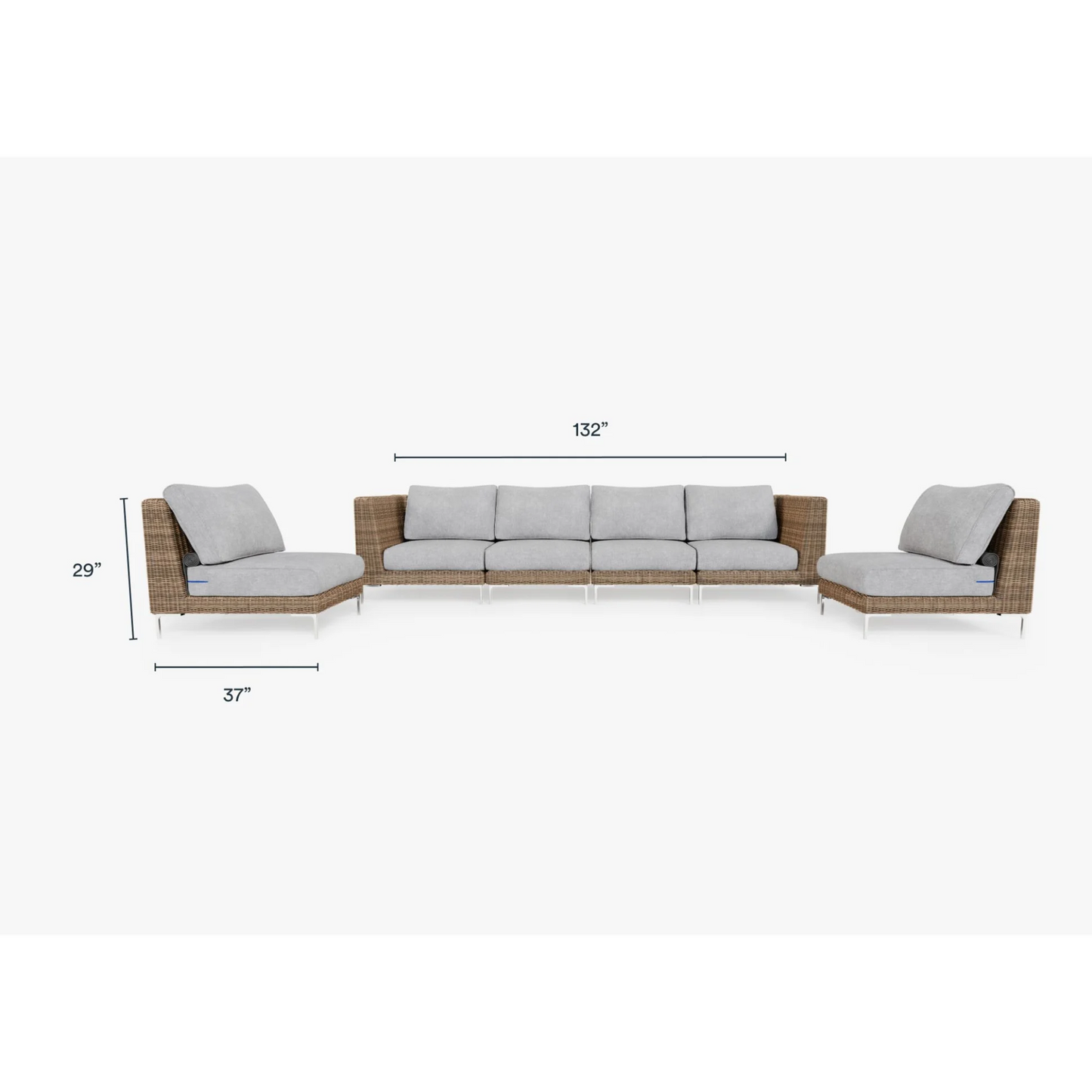 Live Outer 132" Brown Wicker Outdoor Sofa With Armless Chairs & Pacific Fog Gray Cushion (6-Seat)