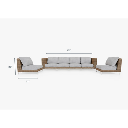 Live Outer 132" Brown Wicker Outdoor Sofa With Armless Chairs & Pacific Fog Gray Cushion (6-Seat)