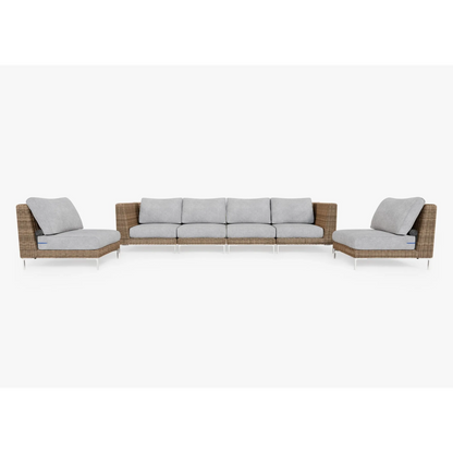 Live Outer 132" Brown Wicker Outdoor Sofa With Armless Chairs & Pacific Fog Gray Cushion (6-Seat)