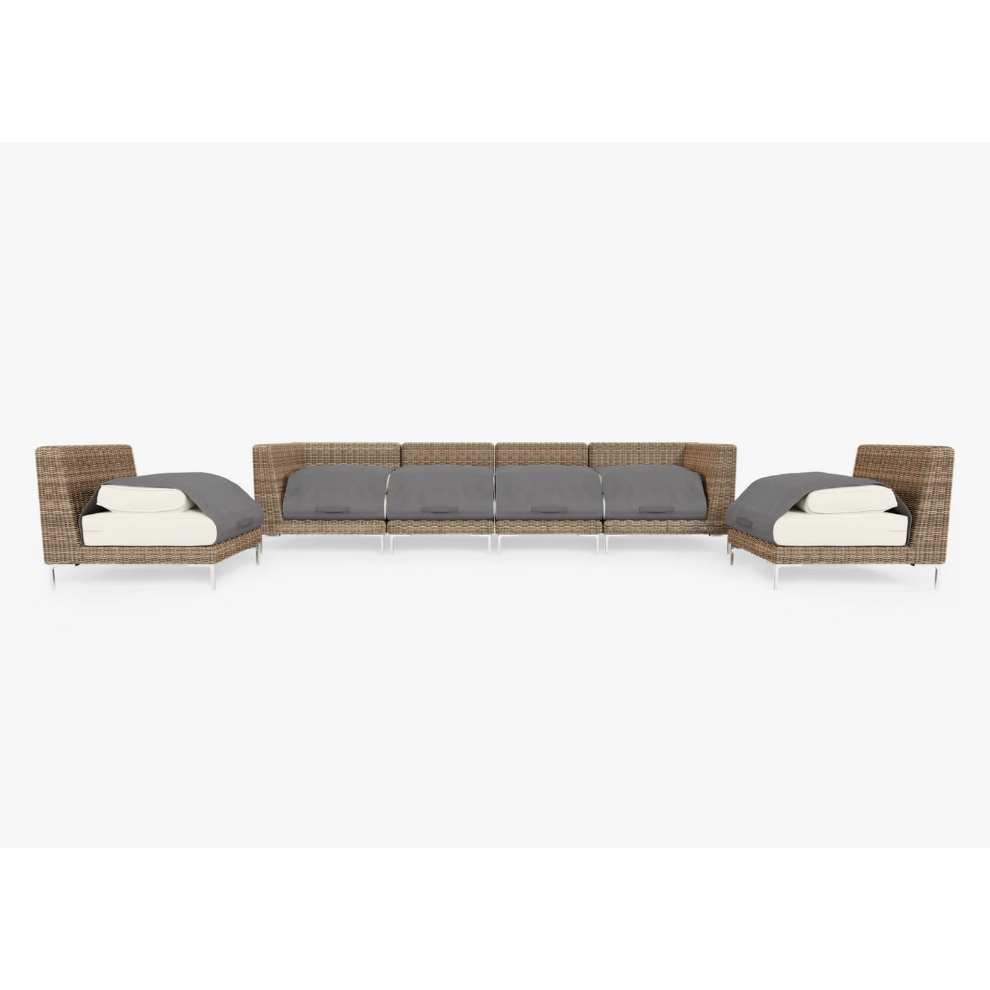 Live Outer 132" Brown Wicker Outdoor Sofa With Armless Chairs & Palisades Cream Cushion (6-Seat)