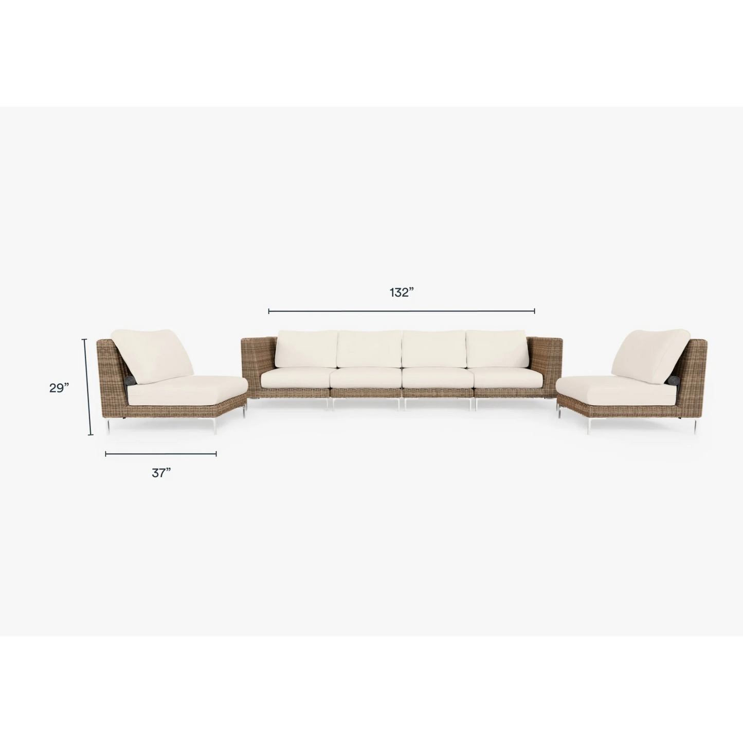 Live Outer 132" Brown Wicker Outdoor Sofa With Armless Chairs & Palisades Cream Cushion (6-Seat)