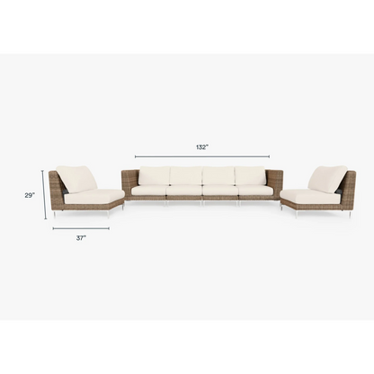 Live Outer 132" Brown Wicker Outdoor Sofa With Armless Chairs & Palisades Cream Cushion (6-Seat)