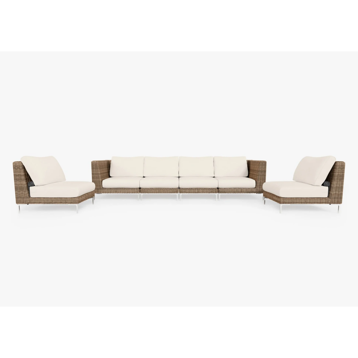 Live Outer 132" Brown Wicker Outdoor Sofa With Armless Chairs & Palisades Cream Cushion (6-Seat)