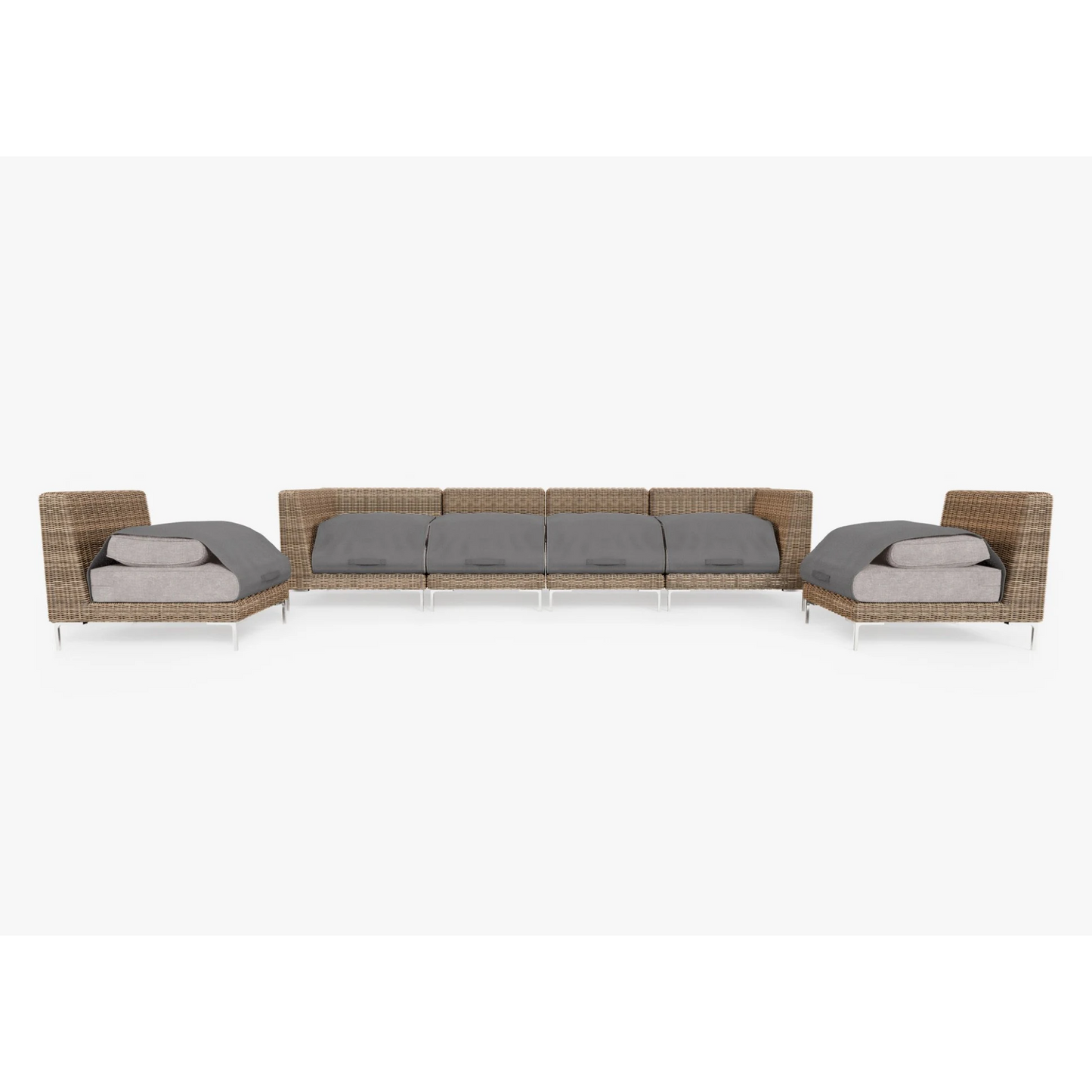 Live Outer 132" Brown Wicker Outdoor Sofa With Armless Chairs & Sandstone Gray Cushion (6-Seat)