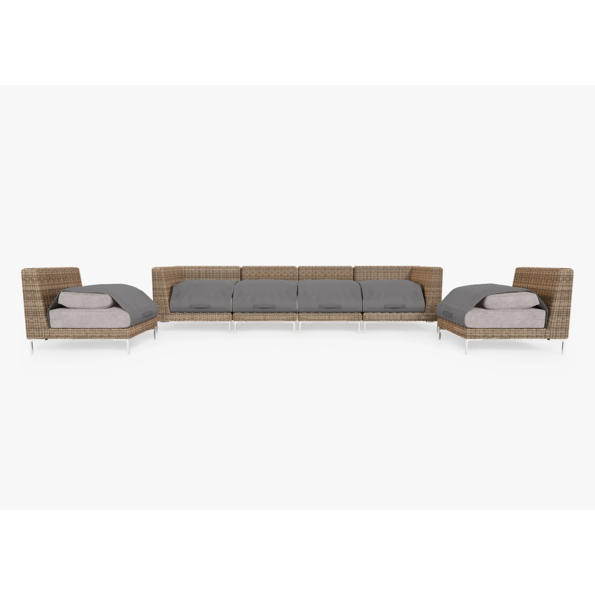 Live Outer 132" Brown Wicker Outdoor Sofa With Armless Chairs & Sandstone Gray Cushion (6-Seat)