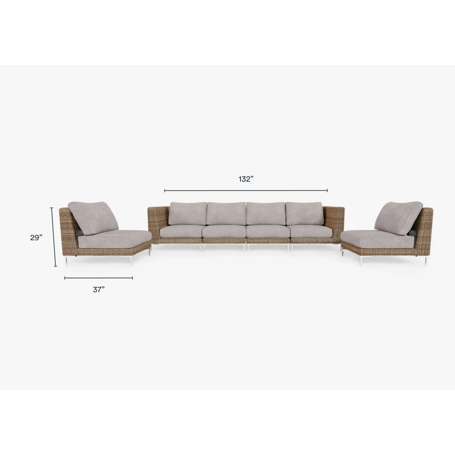 Live Outer 132" Brown Wicker Outdoor Sofa With Armless Chairs & Sandstone Gray Cushion (6-Seat)