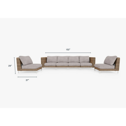 Live Outer 132" Brown Wicker Outdoor Sofa With Armless Chairs & Sandstone Gray Cushion (6-Seat)