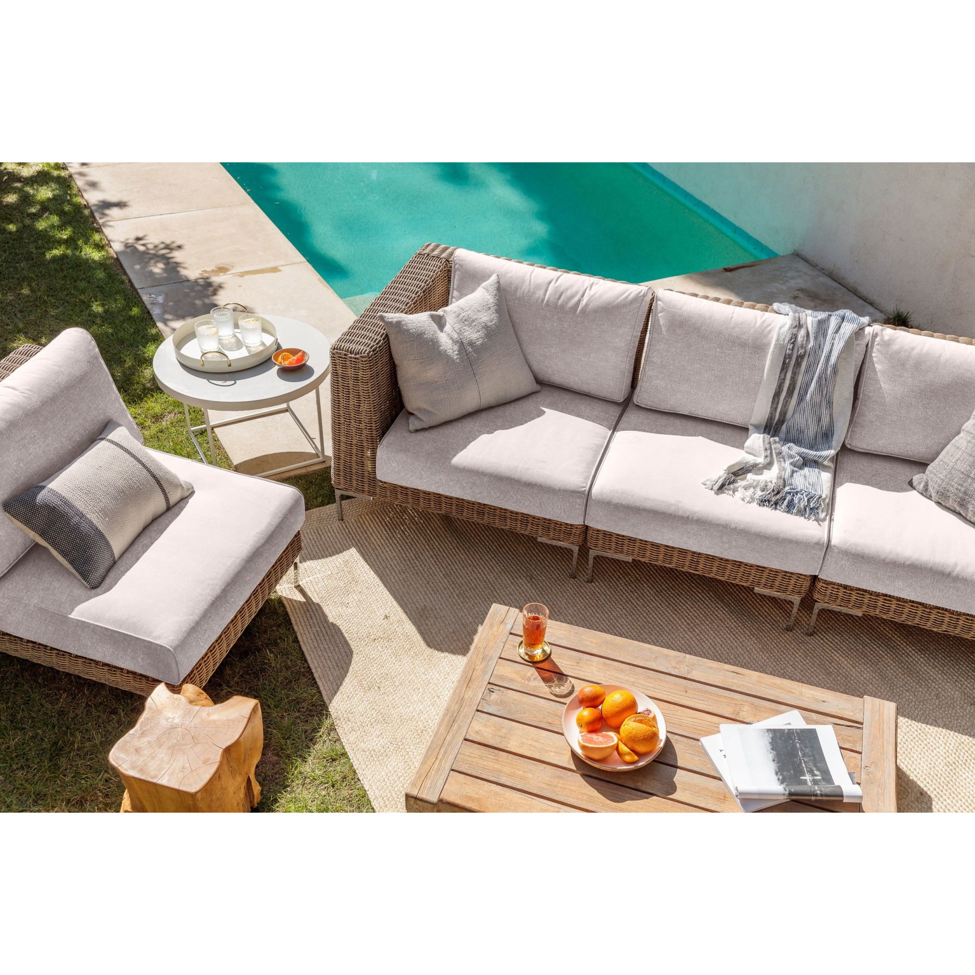 Live Outer 132" Brown Wicker Outdoor Sofa With Armless Chairs & Sandstone Gray Cushion (6-Seat)