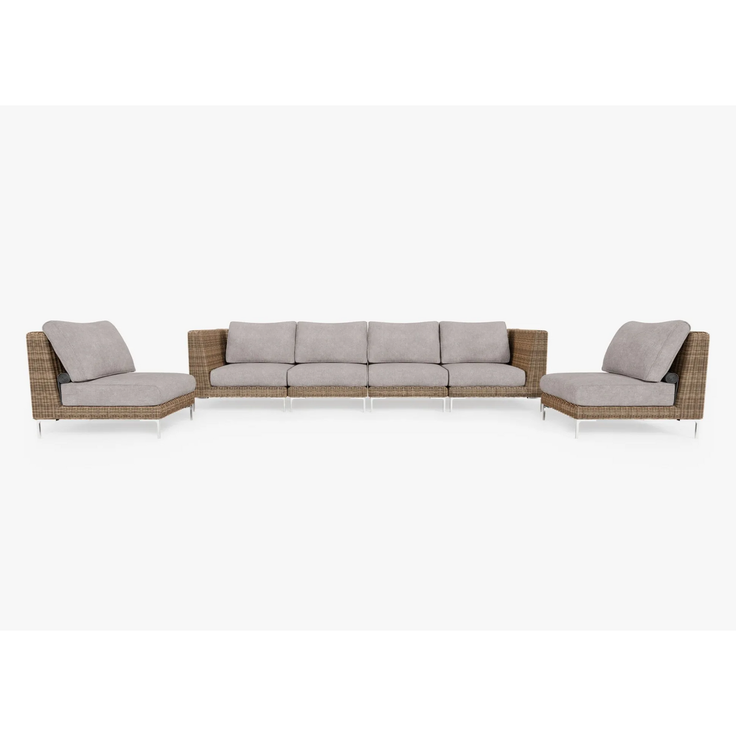 Live Outer 132" Brown Wicker Outdoor Sofa With Armless Chairs & Sandstone Gray Cushion (6-Seat)