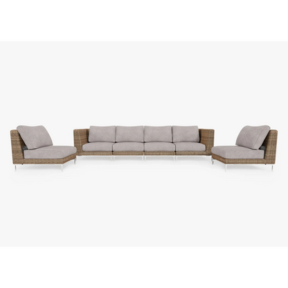 Live Outer 132" Brown Wicker Outdoor Sofa With Armless Chairs & Sandstone Gray Cushion (6-Seat)
