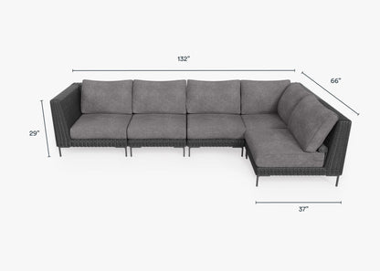 Live Outer 132" x 66" Black Wicker Outdoor L Shape Sectional 5-Seat With Dark Pebble Gray Cushion