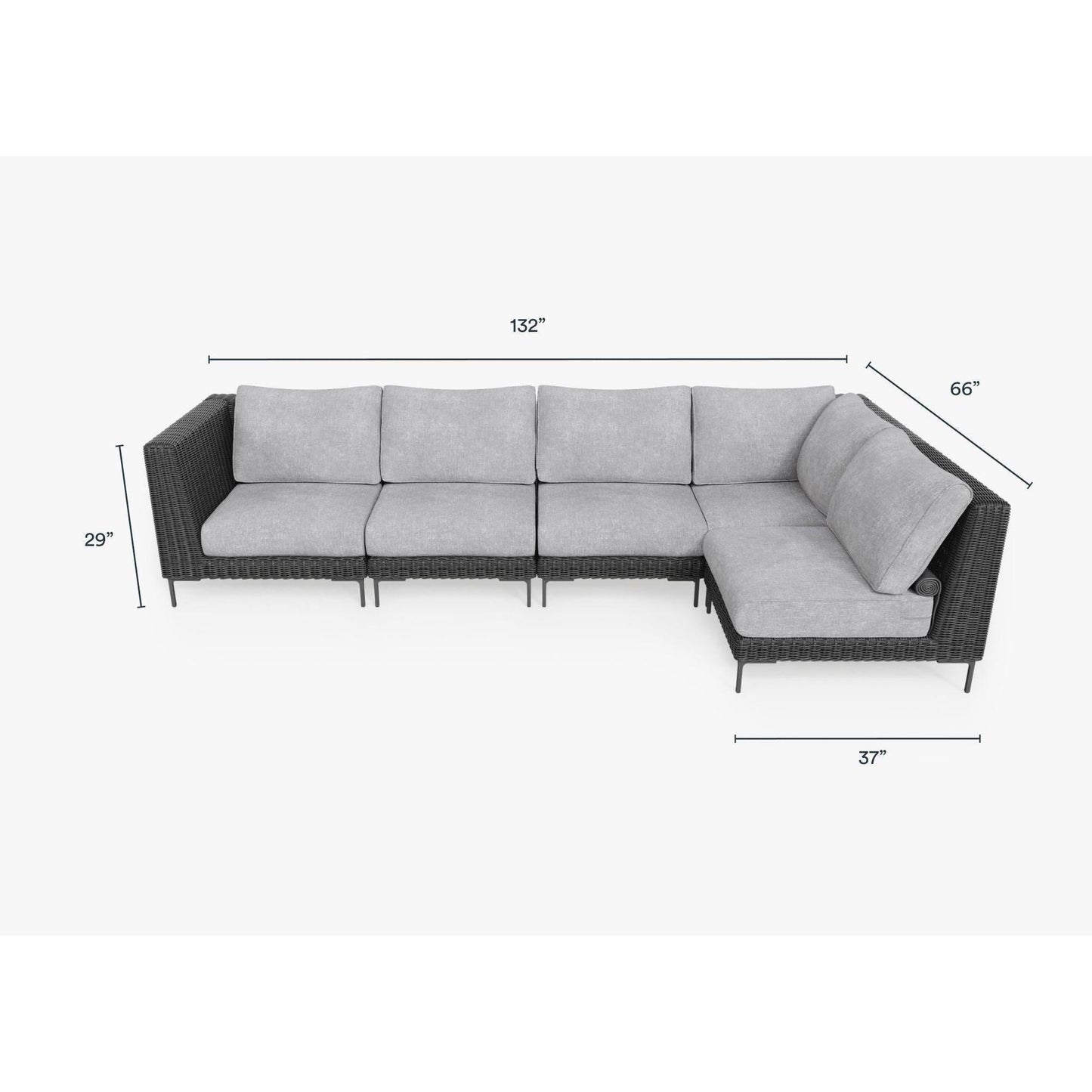 Live Outer 132" x 66" Black Wicker Outdoor L Shape Sectional 5-Seat With Pacific Fog Gray Cushion