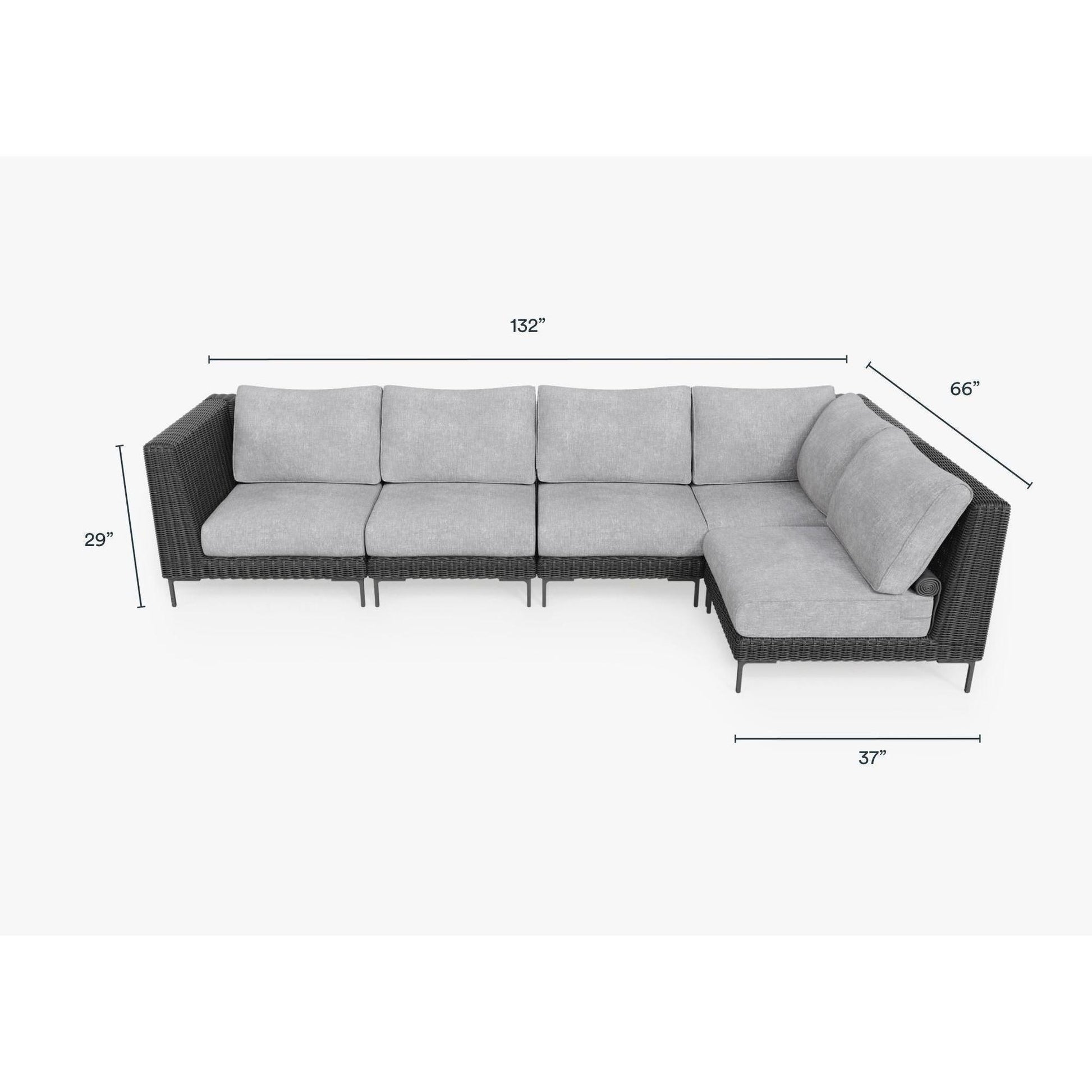 Live Outer 132" x 66" Black Wicker Outdoor L Shape Sectional 5-Seat With Pacific Fog Gray Cushion