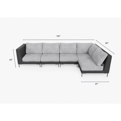 Live Outer 132" x 66" Black Wicker Outdoor L Shape Sectional 5-Seat With Pacific Fog Gray Cushion