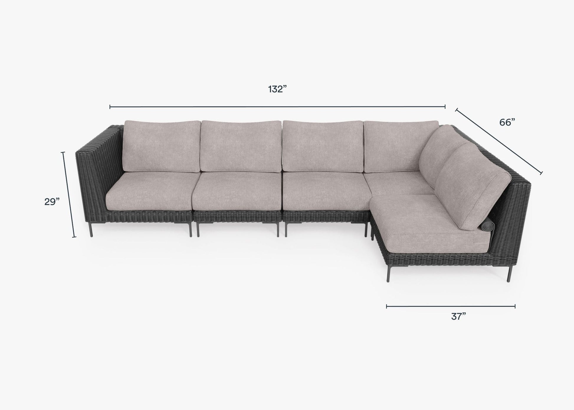 Live Outer 132" x 66" Black Wicker Outdoor L Shape Sectional 5-Seat With Sandstone Gray Cushion