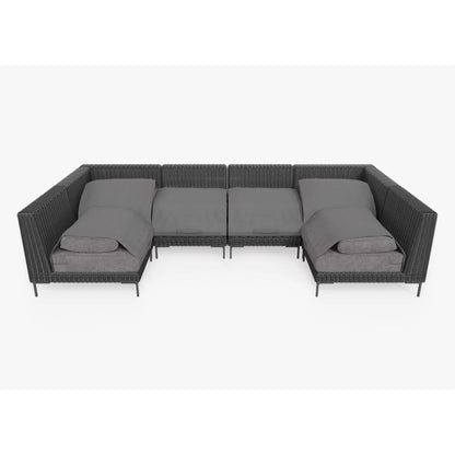 Live Outer 132" x 66" Black Wicker Outdoor U Sectional 6-Seat With Dark Pebble Gray Cushion