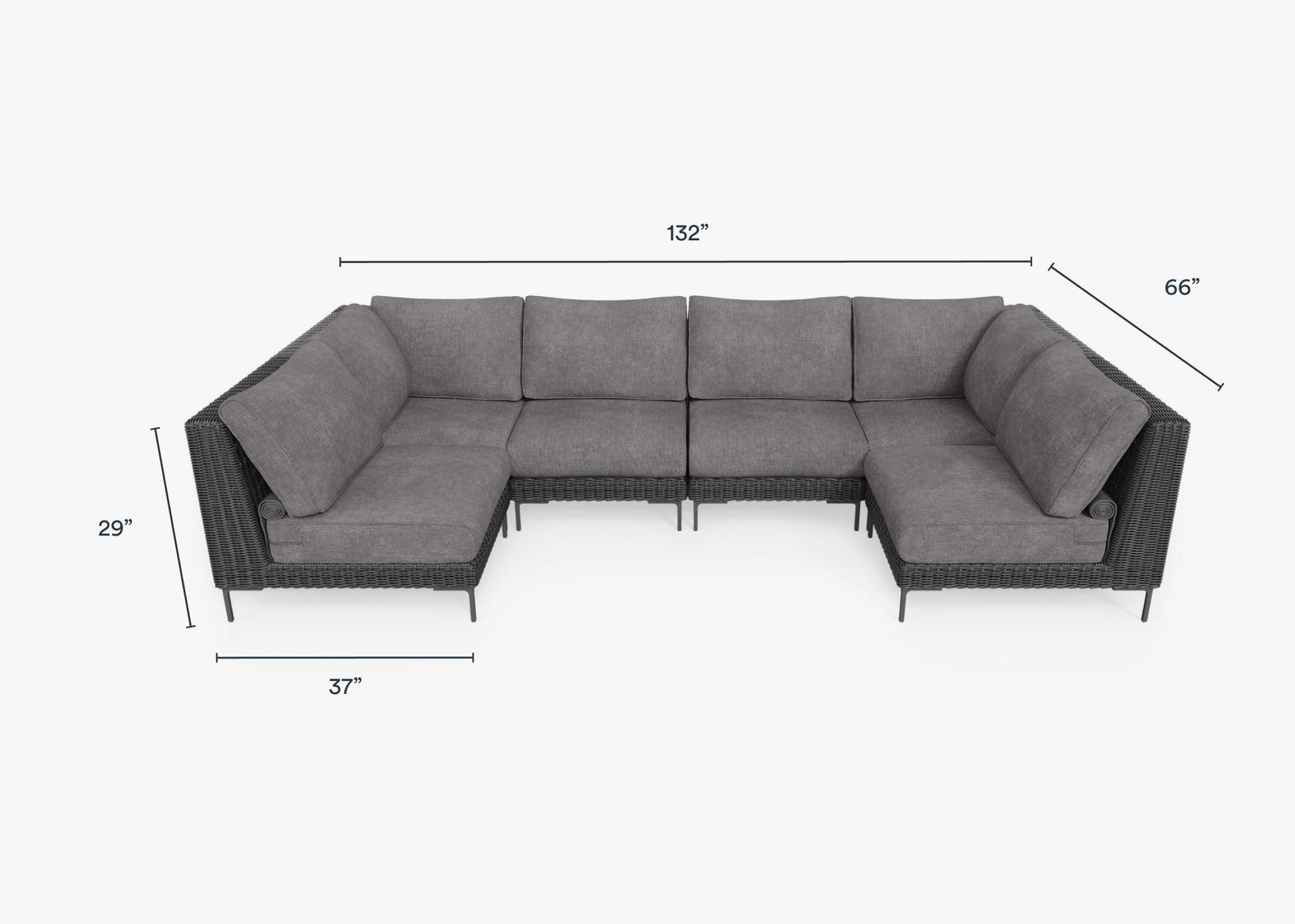 Live Outer 132" x 66" Black Wicker Outdoor U Sectional 6-Seat With Dark Pebble Gray Cushion