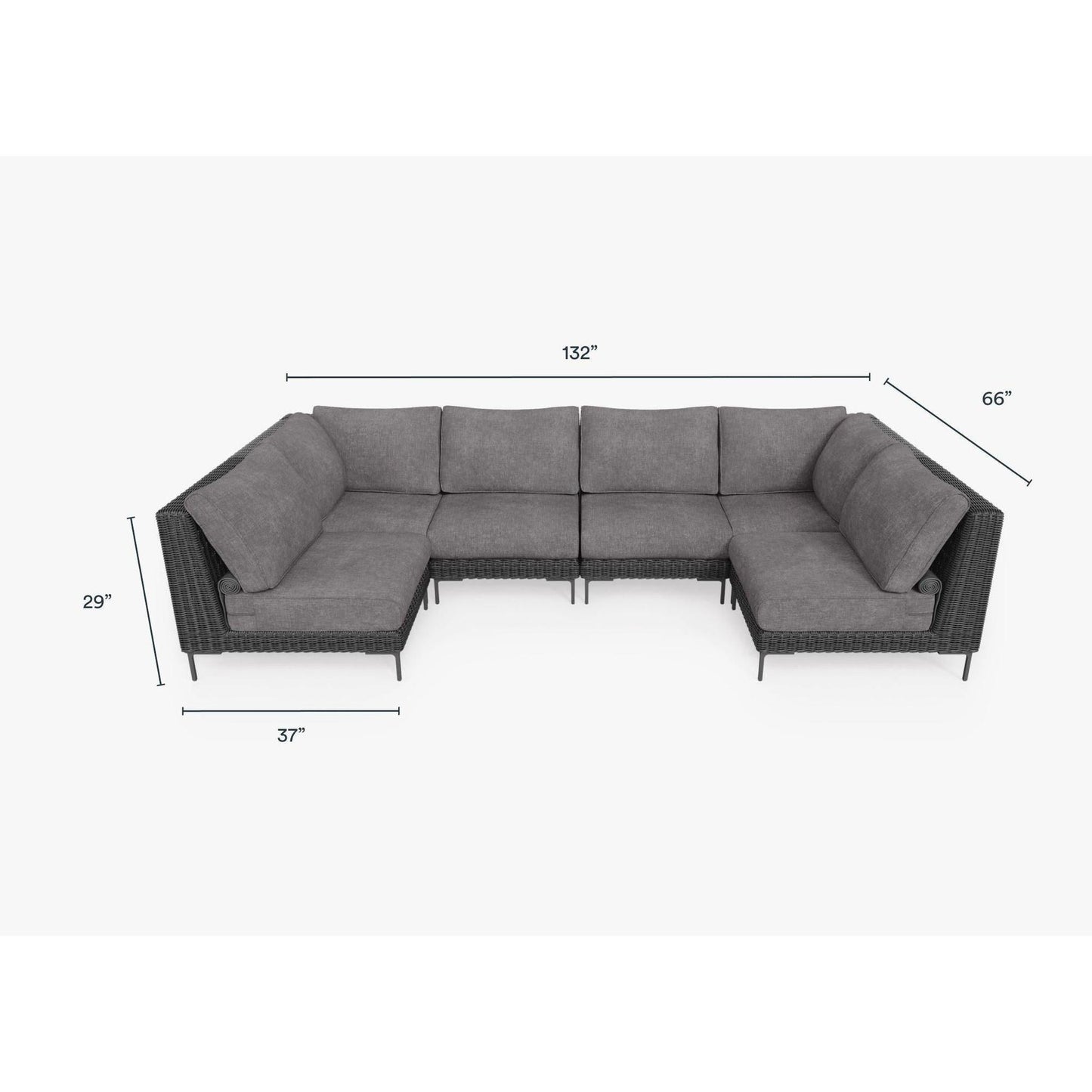 Live Outer 132" x 66" Black Wicker Outdoor U Sectional 6-Seat With Dark Pebble Gray Cushion