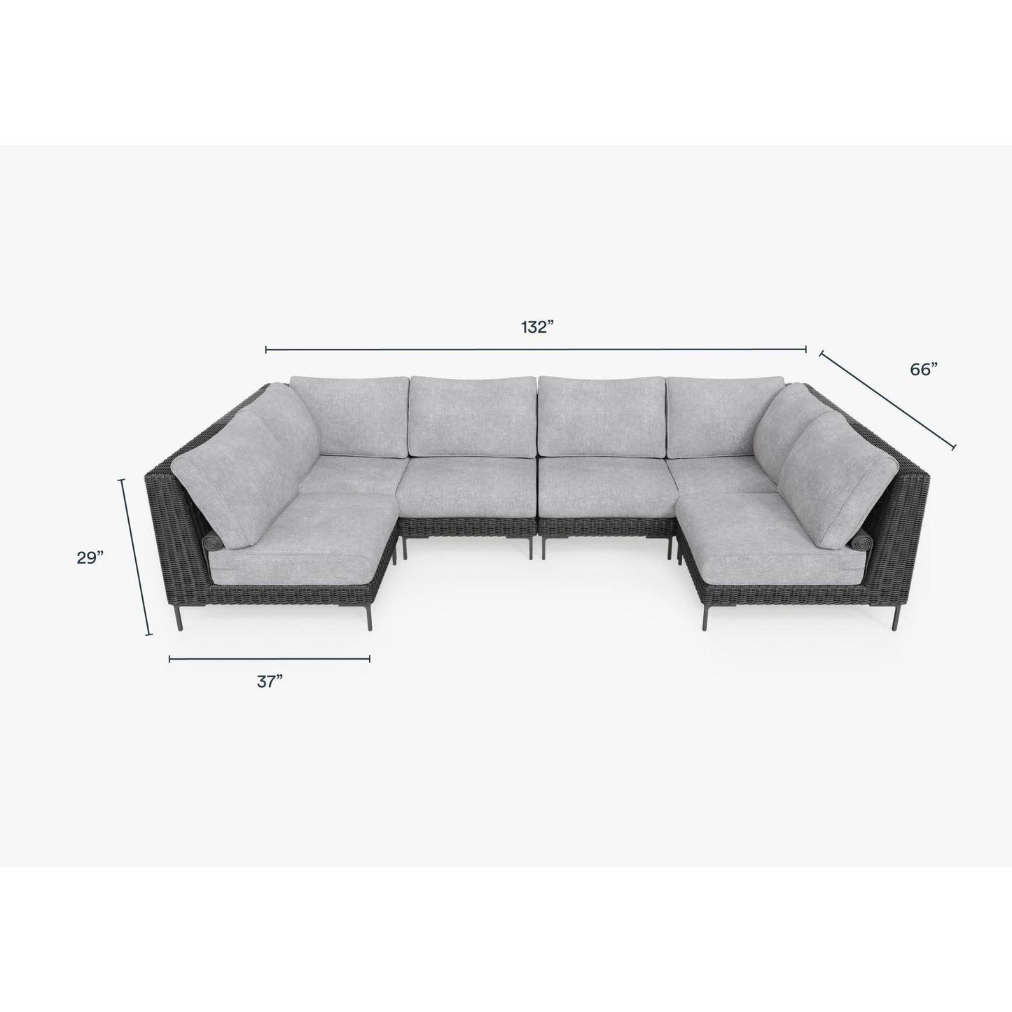 Live Outer 132" x 66" Black Wicker Outdoor U Sectional 6-Seat With Pacific Fog Gray Cushion