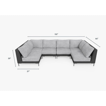Live Outer 132" x 66" Black Wicker Outdoor U Sectional 6-Seat With Pacific Fog Gray Cushion