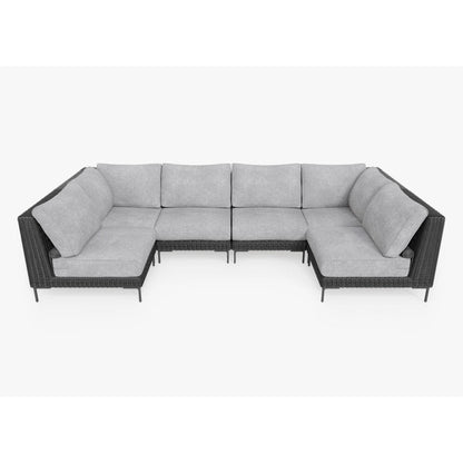 Live Outer 132" x 66" Black Wicker Outdoor U Sectional 6-Seat With Pacific Fog Gray Cushion