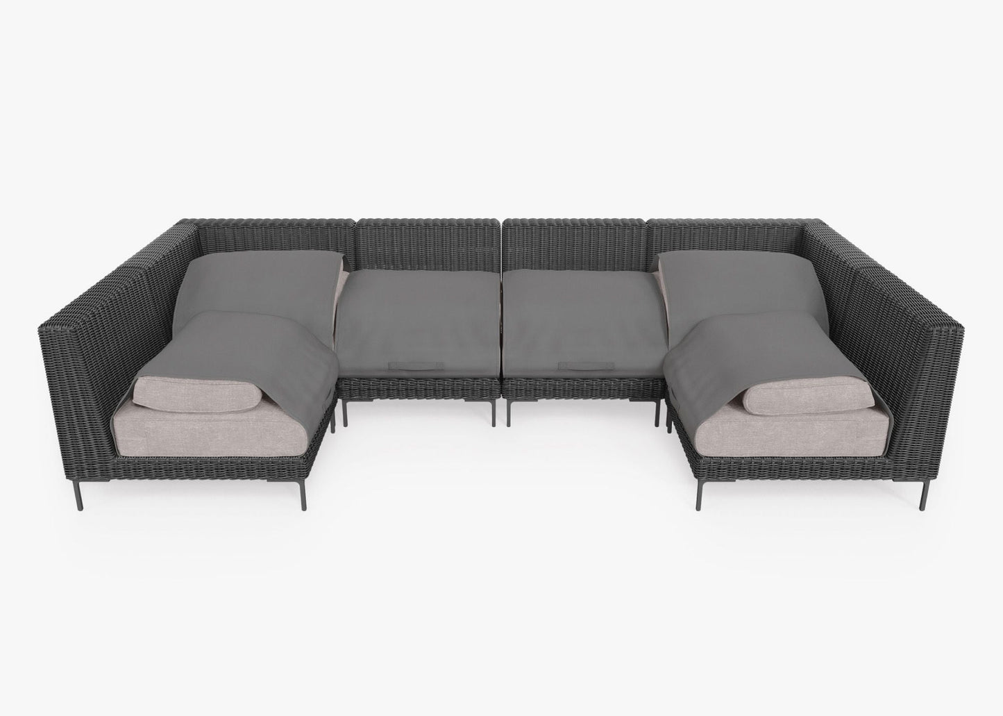 Live Outer 132" x 66" Black Wicker Outdoor U Sectional 6-Seat With Sandstone Gray Cushion
