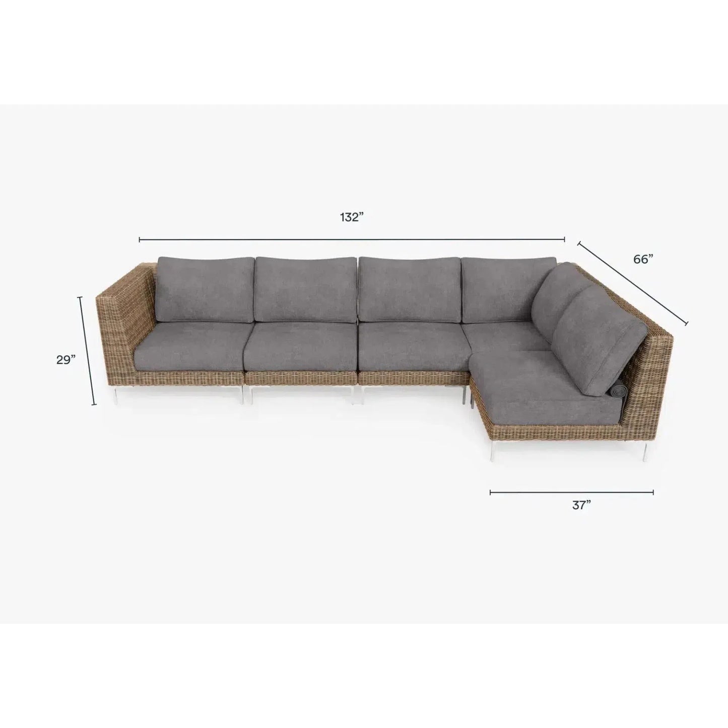 Live Outer 132" x 66" Brown Wicker Outdoor L Shape Sectional 5-Seat With Dark Pebble Gray Cushion