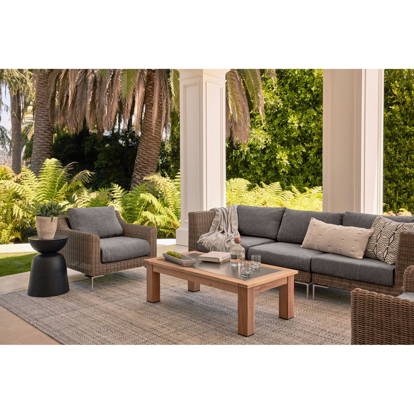 Live Outer 132" x 66" Brown Wicker Outdoor L Shape Sectional 5-Seat With Dark Pebble Gray Cushion