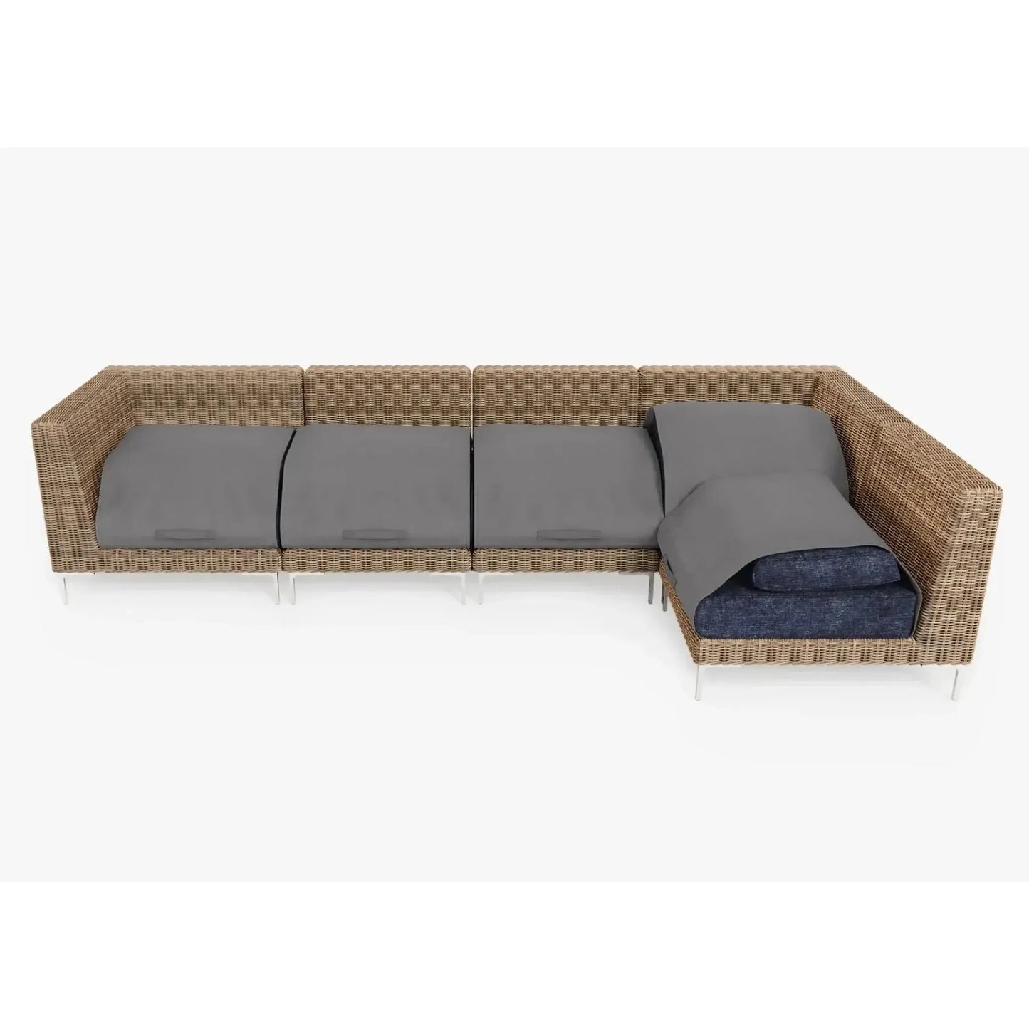 Live Outer 132" x 66" Brown Wicker Outdoor L Shape Sectional 5-Seat With Deep Sea Navy Cushion