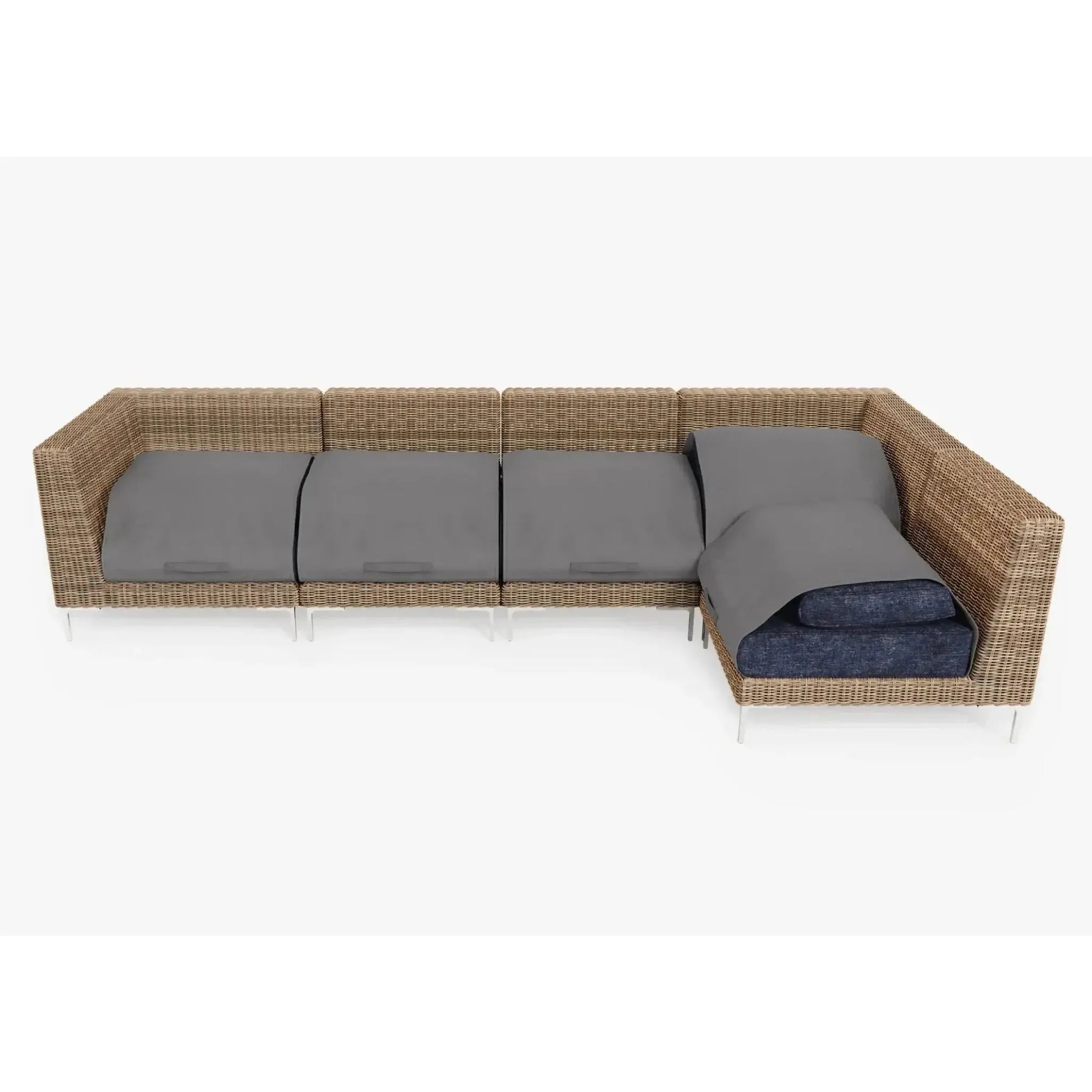 Live Outer 132" x 66" Brown Wicker Outdoor L Shape Sectional 5-Seat With Deep Sea Navy Cushion