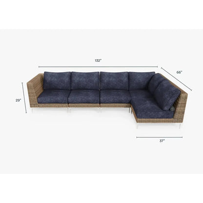 Live Outer 132" x 66" Brown Wicker Outdoor L Shape Sectional 5-Seat With Deep Sea Navy Cushion